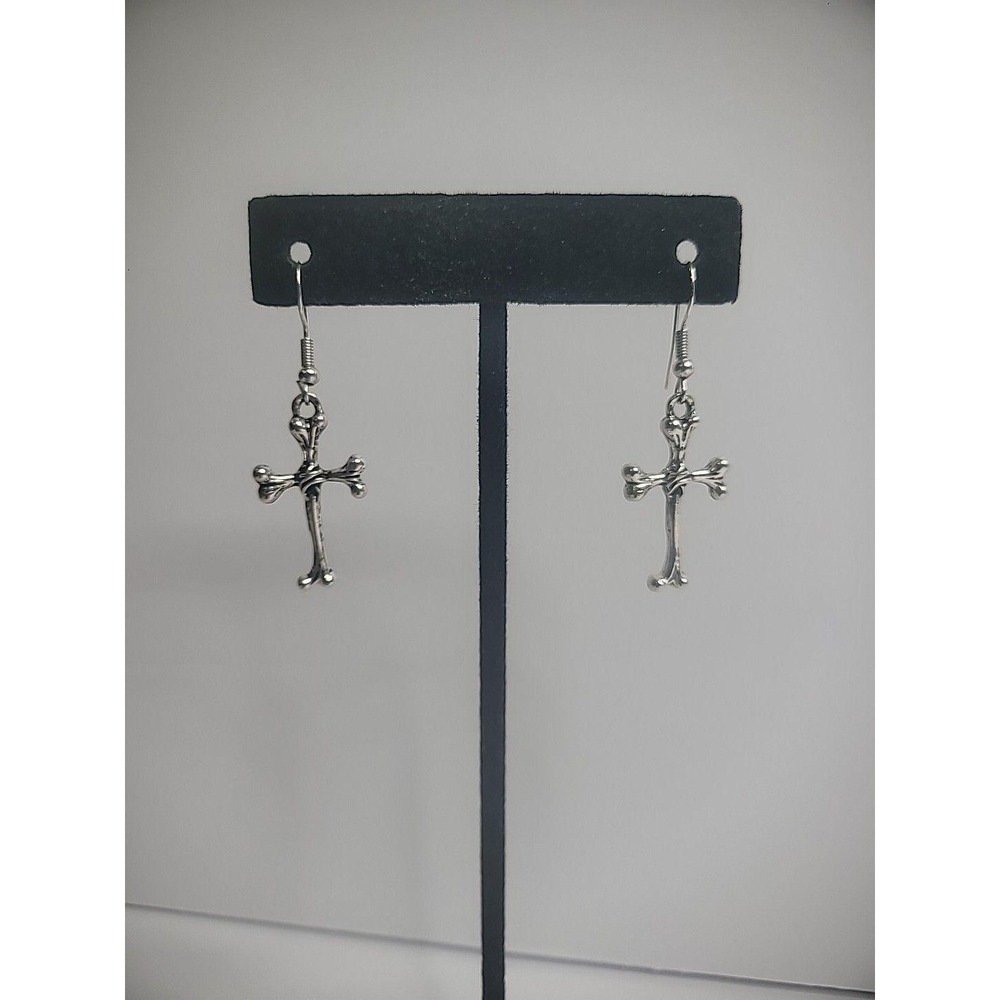 Vintage Silver Tone Cross Earrings Pierced Hooks Womens Jewelry Costume - Picture 2 of 7